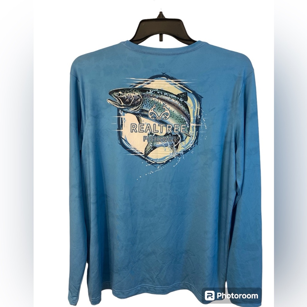 Men’s REALTREE Fishing Shirt size L Blue Sun Block UPF 30 Long Sleeve Ra…